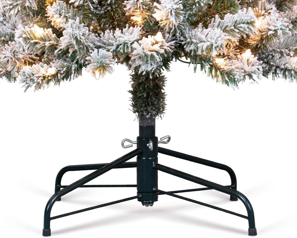 OasisCraft 9ft Pre-Lit Snow Flocked Artificial Pencil Christmas Tree with 450 Clear Lights, Hinged Snowy Slim Xmas Tree Outdoor for Festive Holiday Decor