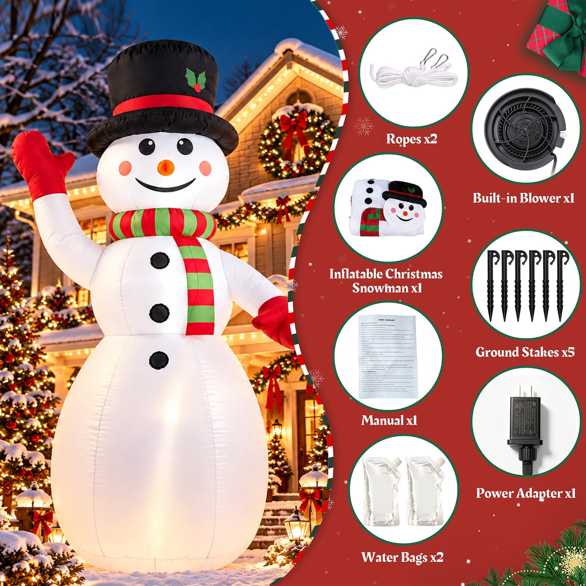 8 ft Christmas Snowman Inflatable with LED Lights, Blow up Outdoor Yard Lawn Decoration for Holiday Decor
