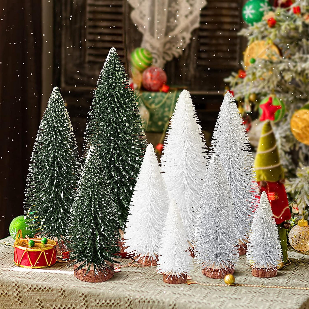 Ayieyill 9Pcs Mini Christmas Trees Christmas Decor Artificial Christmas Decorations with 4 Sizes, Christmas Tree Bottle Brush Trees Christmas Table Decorations (Pink+White)