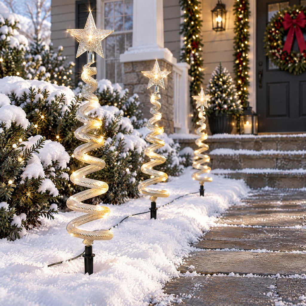 Outdoor Solar-Powered LED Spiral Tree Christmas Pathway Lights, Warm White, Set of 3, by Holiday Time