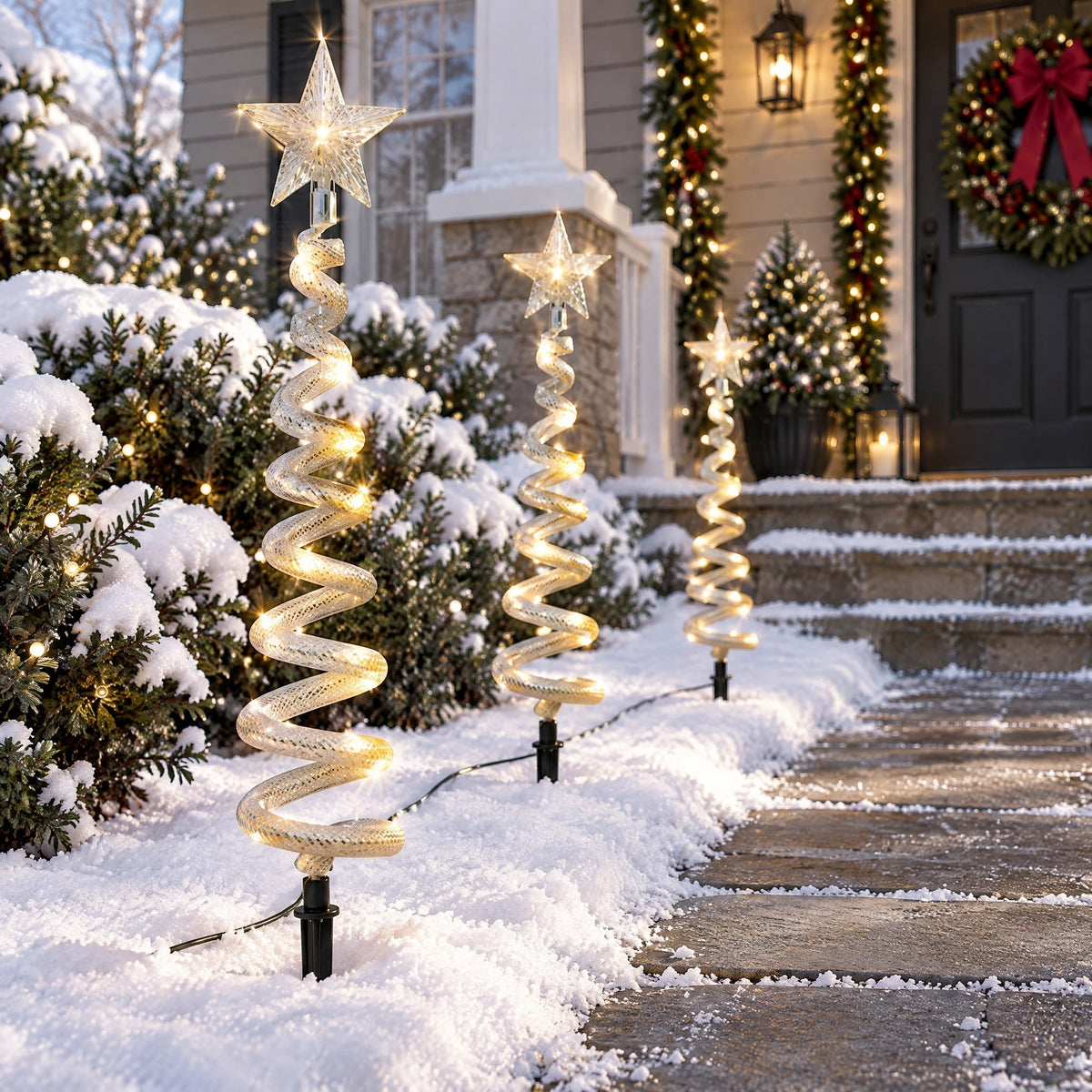 Outdoor Solar-Powered LED Spiral Tree Christmas Pathway Lights, Warm White, Set of 3, by Holiday Time