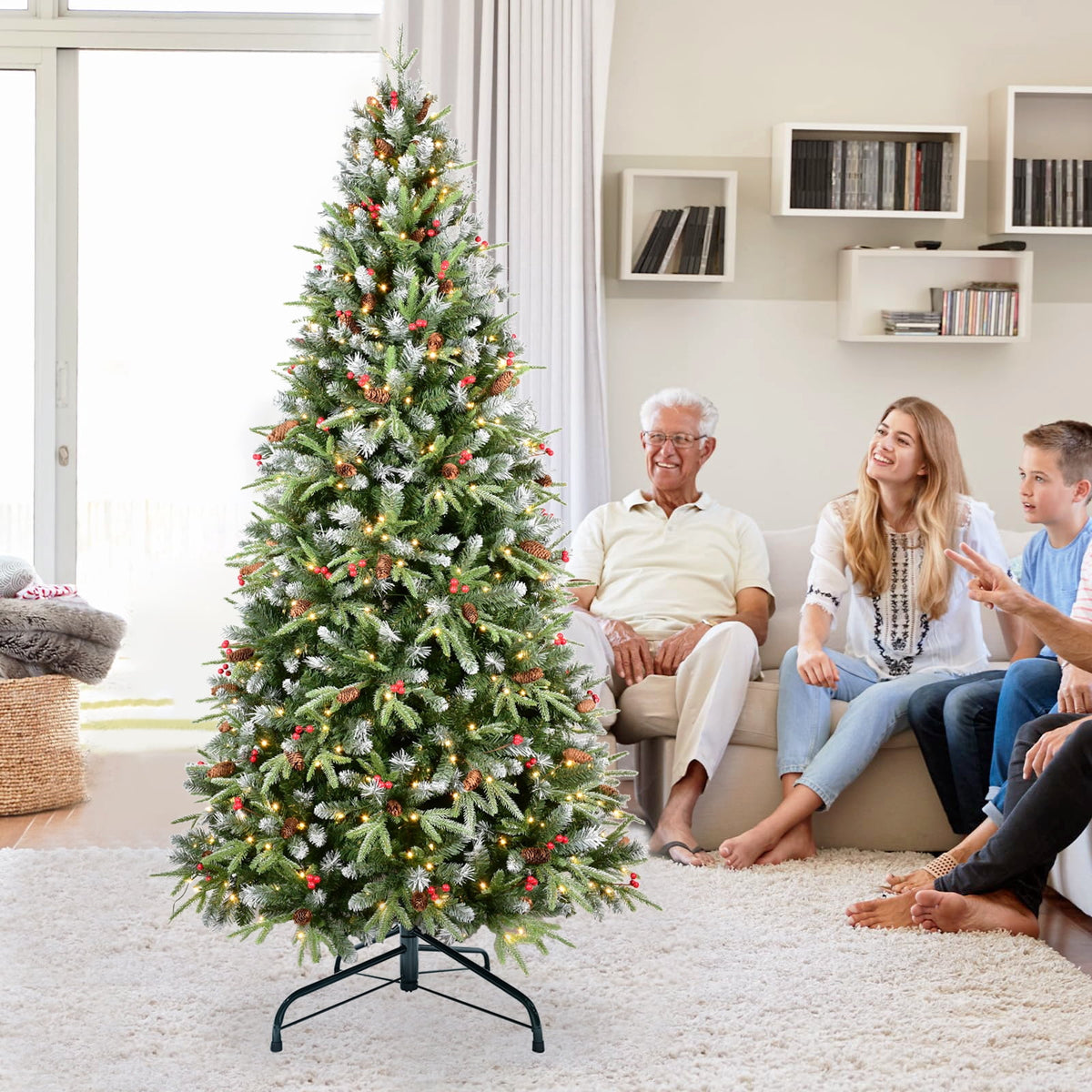 Maylaviu 7ft Lighted Artificial Christmas Tree with 2178 Premium PE/PVC Branches, 450 Lights, Pine Cones, Red Berries, Foldable Metal Base, Green