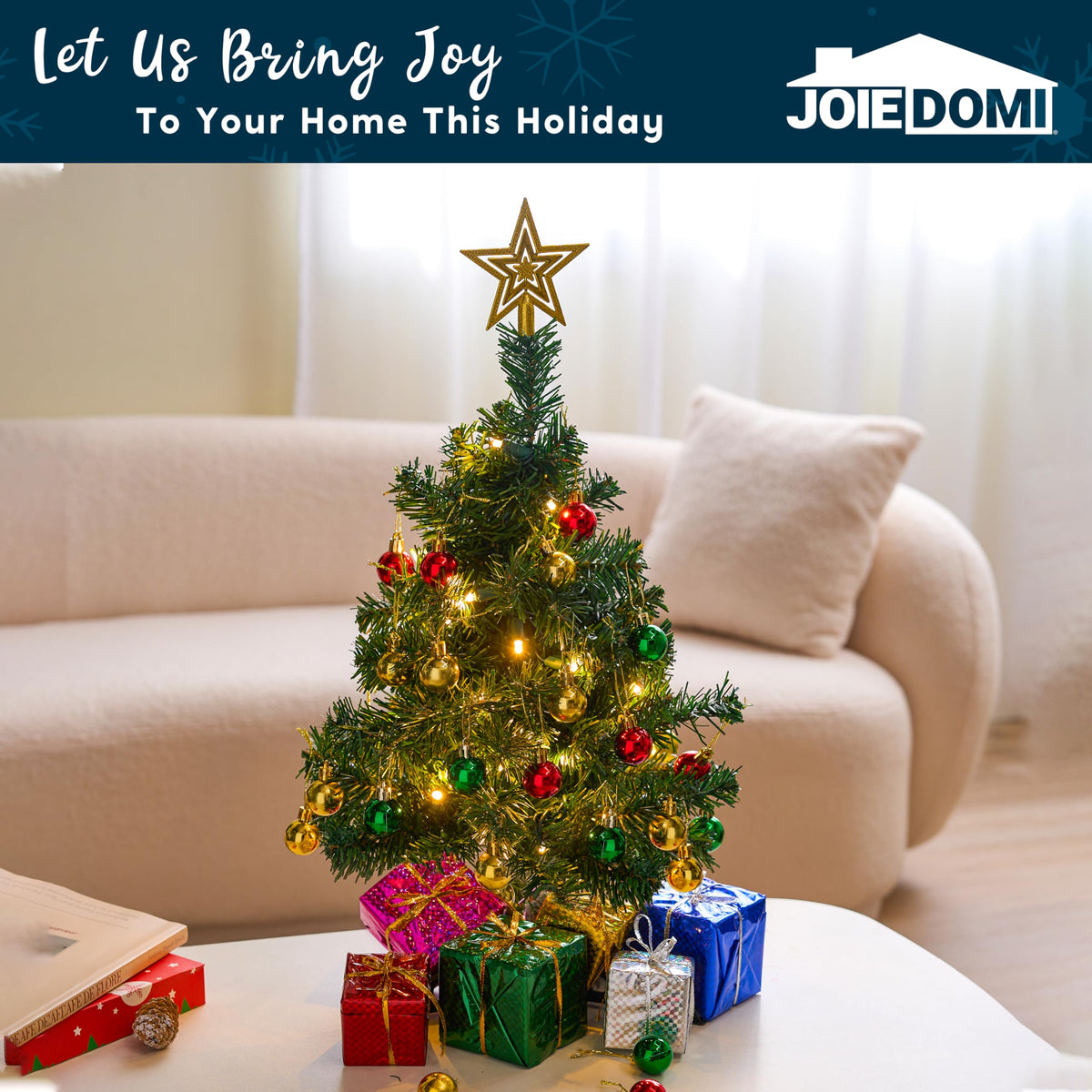Joyfy 24in Prelit Tabletop Christmas Tree with Decoration Kit (Gold, Battery Operated)