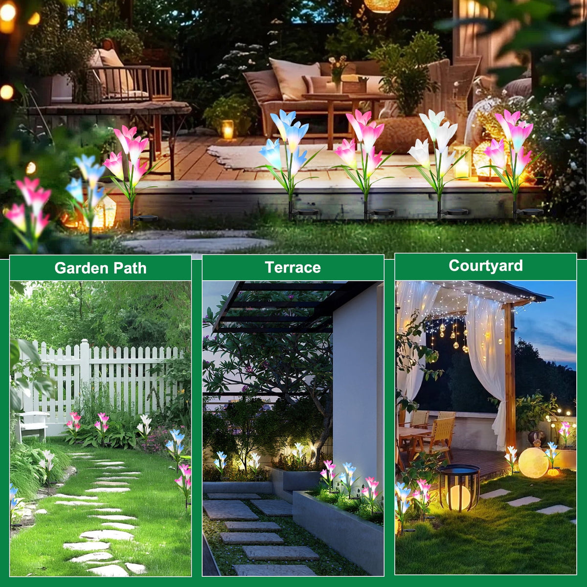 Solar Garden Lights Outdoor, 6 Packs Solar Lily Flower Lights Waterproof, Color Changing LED Solar Lights Outdoor Decorative, Bigger Solar Panel for Outside Patio Garden Pathway Yard Decoration