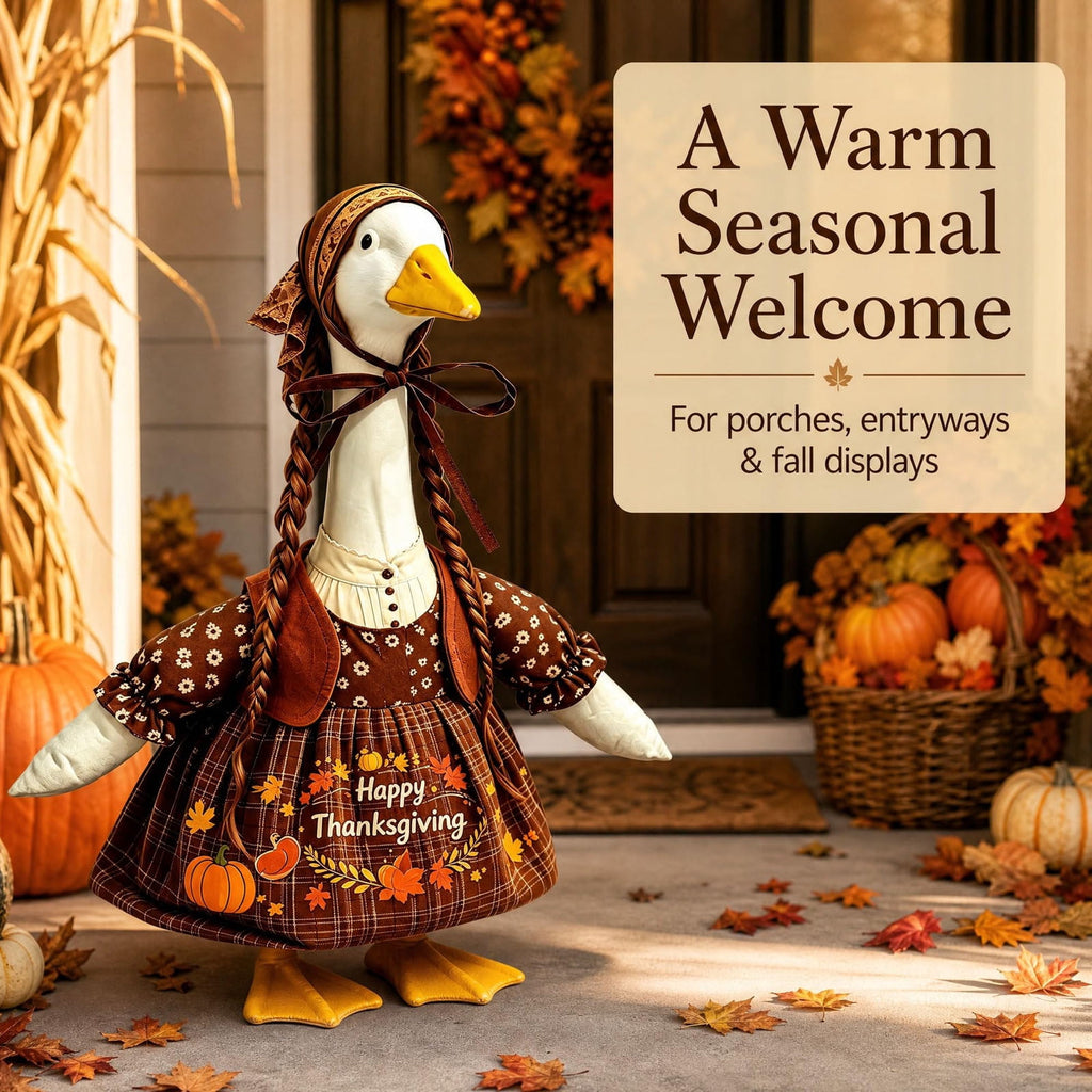 AZXY Thanksgiving Porch Goose Outfit, 23 Inch Lawn Goose Costume with Pilgrim Hat & Pumpkin Turkey Print Dress, Goose Clothes for Cement Plastic Goose Statue, Outdoor Yard Patio Fall Garden Decor