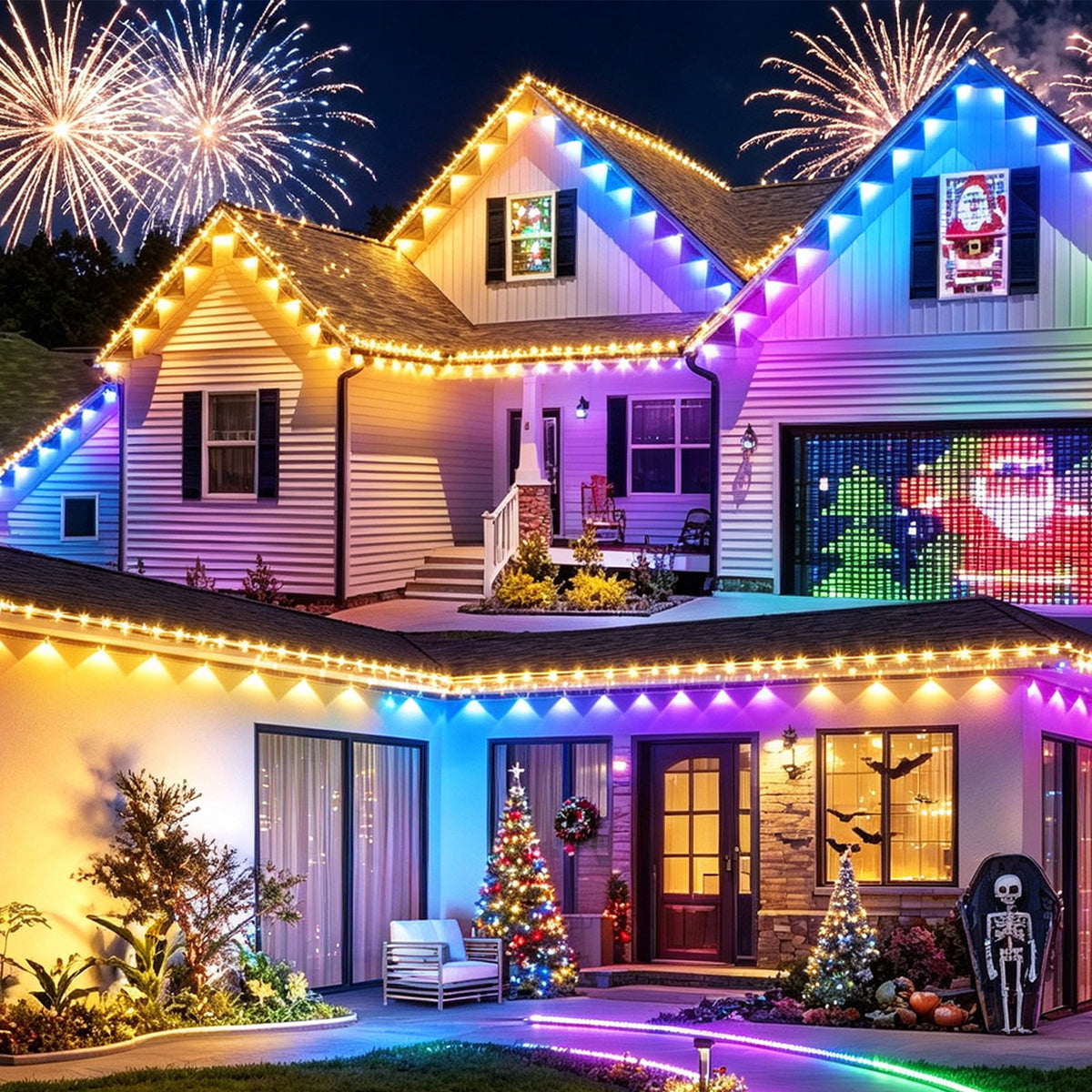 50ft RGB+IC Permanent Outdoor Eaves Lights With App & Remote Control, IP67 Waterproof LED Rain Gutter Lights for Year-Round Christmas Halloween, Valentine's Day, Holiday, Party Outdoor Decor