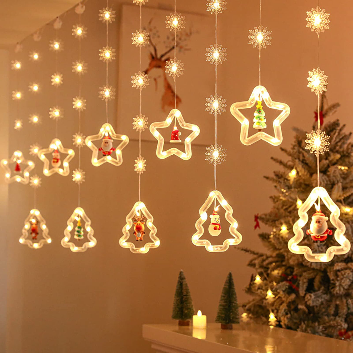 WILLED Christmas String Lights, 120 LED Window Curtain Lights with Christmas Ornaments, 9.8ft USB Powered Warm White Waterproof Fairy Lights Indoor Outdoor for Xmas Tree Patio Garden Party Home Decor