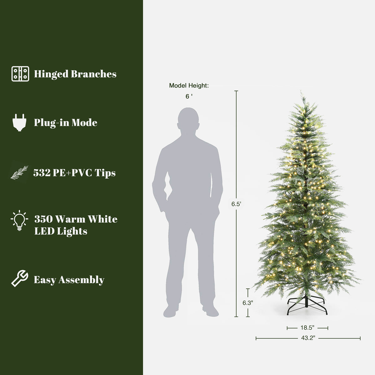 LuxenHome 6.5Ft Pre-Lit Green Cypress Artificial Christmas Tree with Metal Stand