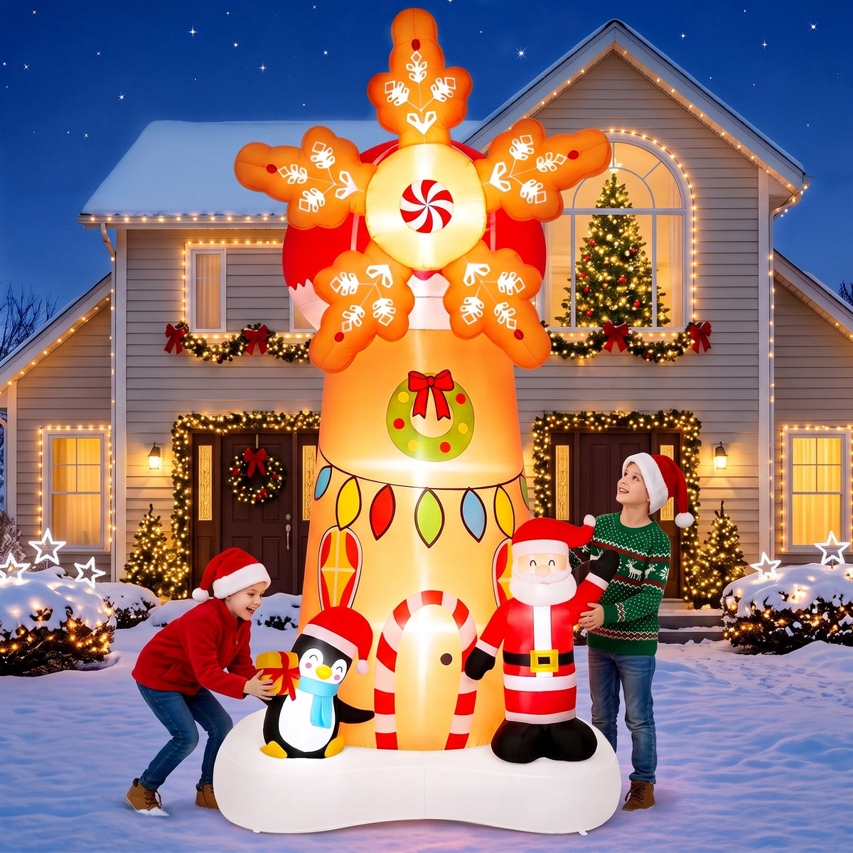 Firstness 7.7Ft High Christmas Inflatables Spinning Windmill with Santa and Penguin, Christmas Blow ups with LED Lights, Outdoor Yard Decoration