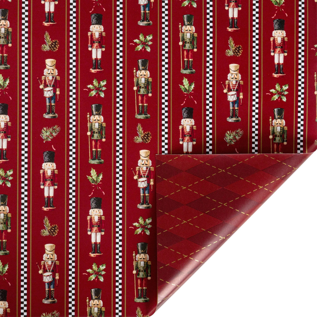 LaRibbons Nutcracker Wrapping Paper, 30" x 10' Holiday Reversible Metallic Gift Wrap Kit, Holly Nutcracker Plaids and Checks