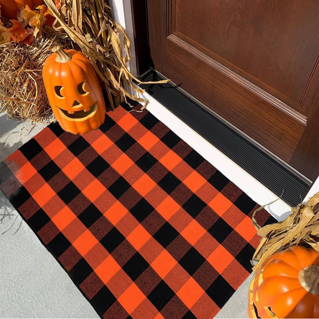 euoloart Buffalo Plaid Orange Black Doormat, 27.5x43 inch Washable Outdoor Mat for Front Porch Entryway