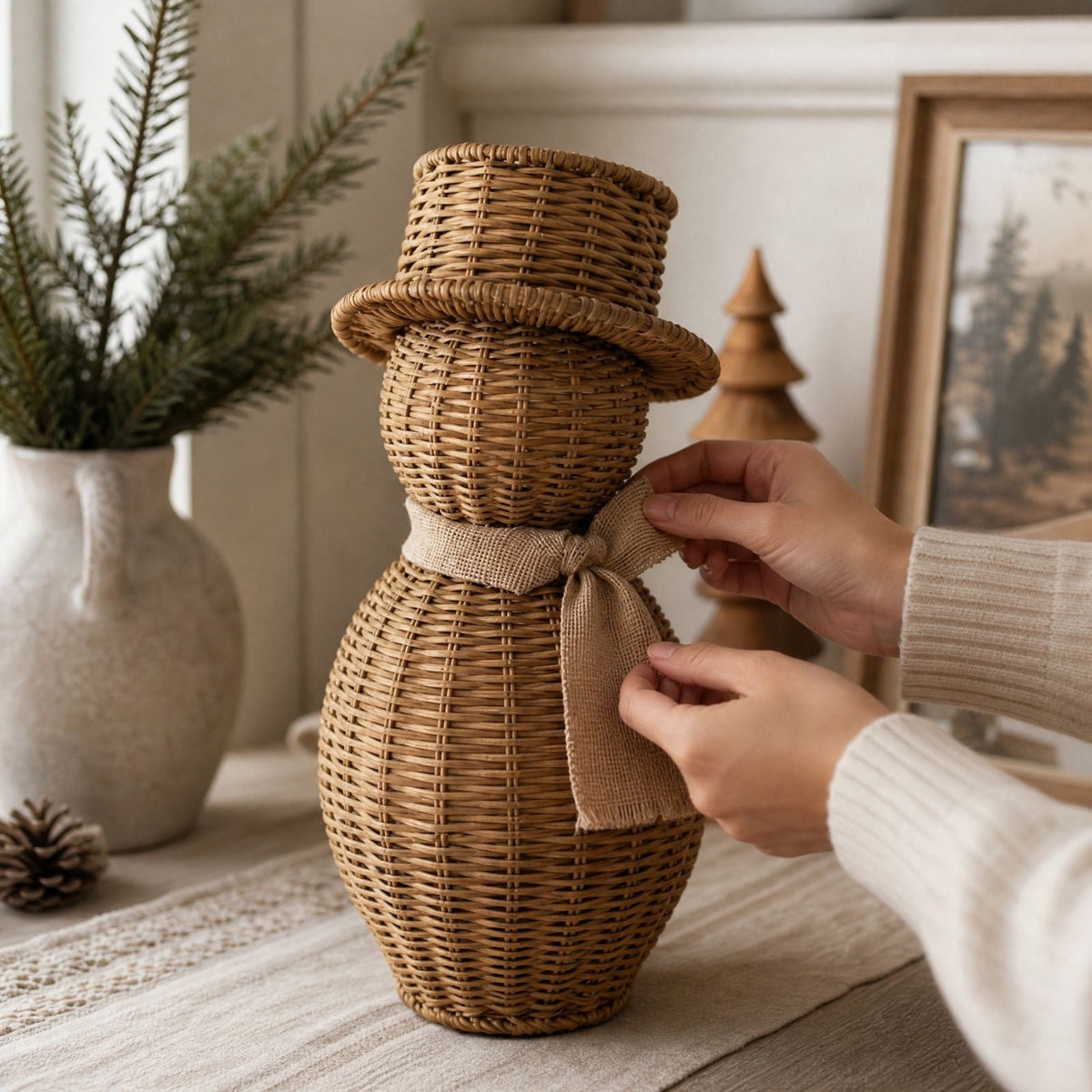 FeiBiQiuBi 14.9" Resin Rattan Style Snowman, Rustic Snowman Decorations with Bow, Woven Natural Style Freestanding Design Winter Farmhouse Decor for Home Kitchen Garden, Holiday Table Mantel Decor