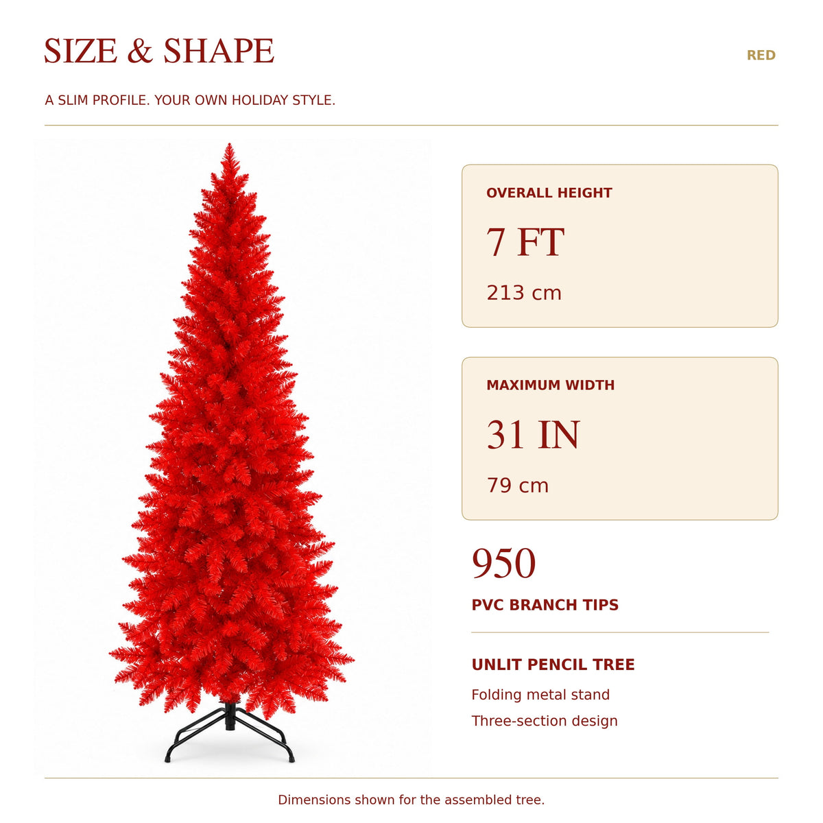 Ahititi 7 FT Red Christmas Tree, Slim Artificial Pencil Tree with 950 PVC Tips, Hinged Branches & Folding Stand, Holiday Decor