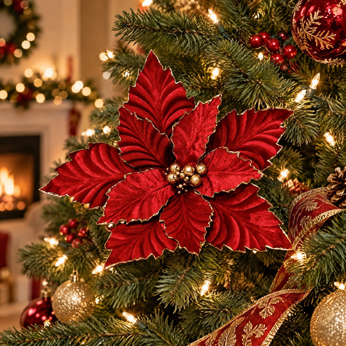 Red and Gold Glitter Poinsettia Christmas Clip Ornament, 18", by Holiday Time