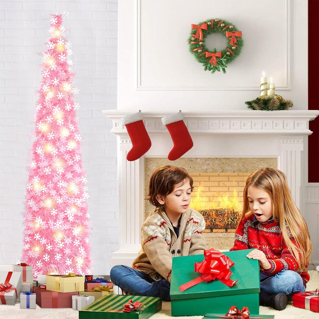 Ayieyill 5ft Pencil Christmas Tree, Collapsible Xmas Tree with Lights, Pop Up Tinsel Tree for Christmas Decorations Indoor, Pink White