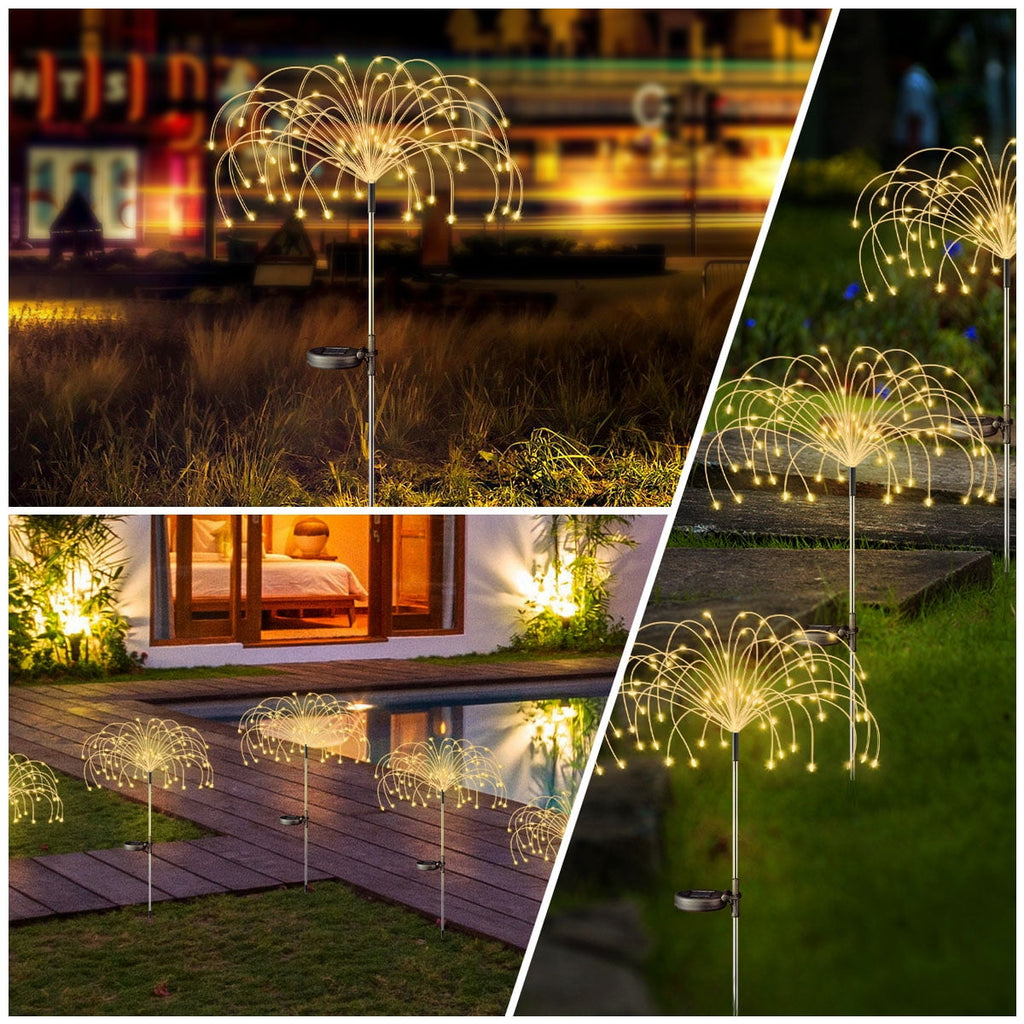 Rirool 2 Pack Solar Firework Lights, 120 LED Outdoor Garden Lights, Waterproof IP65 Pathway Yard Decor, DIY Copper Wire, Auto On/Off, Warm White
