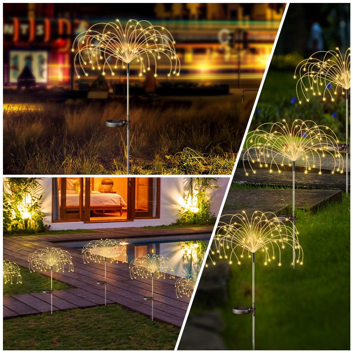 Rirool 2 Pack Solar Firework Lights, 120 LED Outdoor Garden Lights, Waterproof IP65 Pathway Yard Decor, DIY Copper Wire, Auto On/Off, Warm White