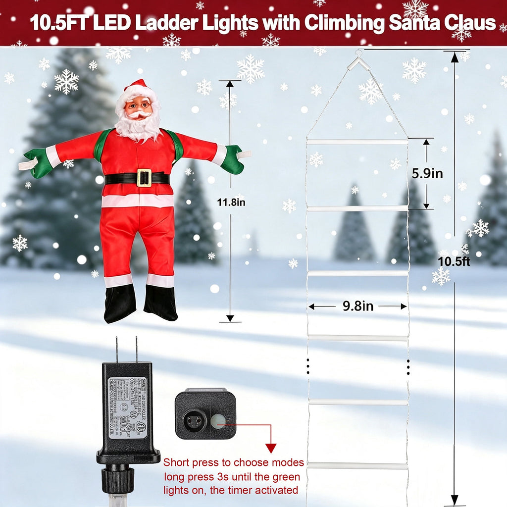 Morfone Christmas Decorations LED Ladder Lights with Climbing Santa Claus, 10.5ft Christmas Decorative String Lights for Indoor Outdoor, Window, Garden, Home, Wall, Xmas Tree Decor, Multicolor