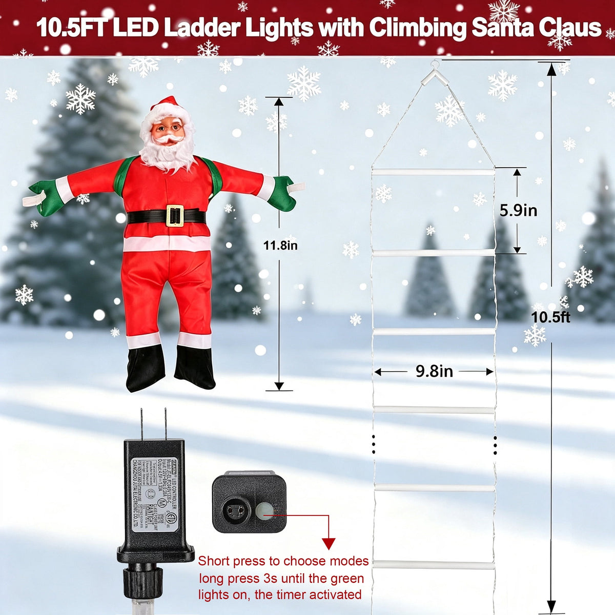 Morfone Christmas Decorations LED Ladder Lights with Climbing Santa Claus, 10.5ft Christmas Decorative String Lights for Indoor Outdoor, Window, Garden, Home, Wall, Xmas Tree Decor, Multicolor