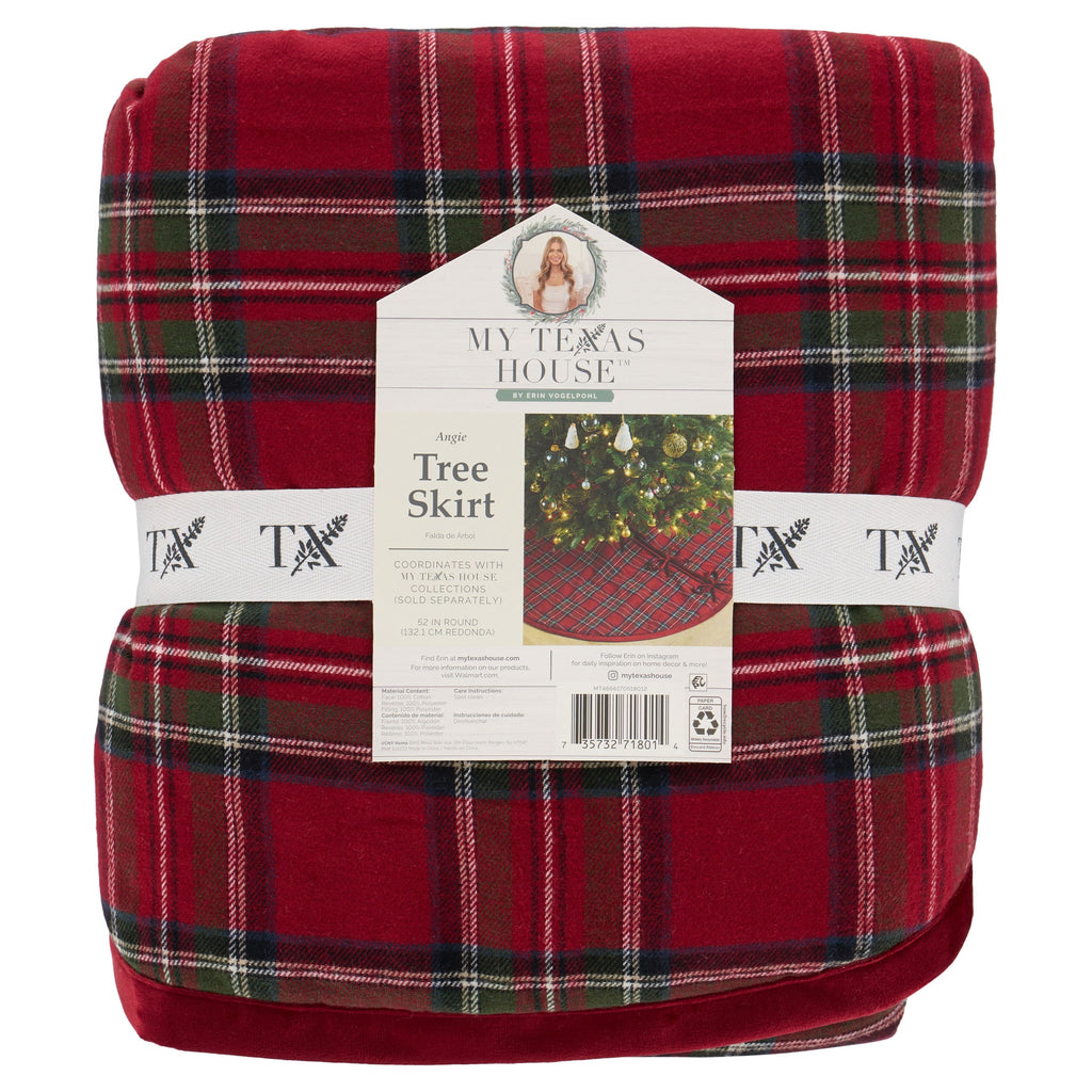 My Texas House Angie Plaid Christmas Tree Skirt, Red, 52"