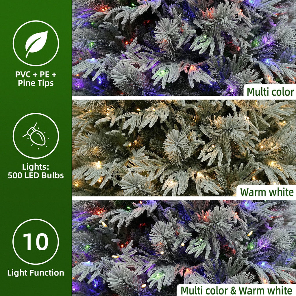 VIVATREES 7.5FT Premium Flocked Christmas Tree 550 Multi-Color LED Lights 5490 PVC PE Hinged Branch Tips Pre-Lit Artificial Xmas Pine Needles Metal Base for Home Office Holiday Decor