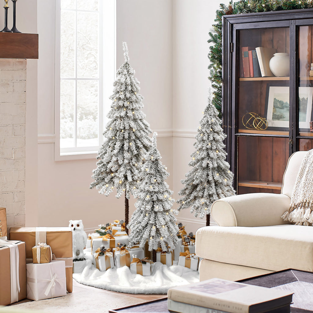 LuxenHome 3-Piece Snow-Flocked Sweeping Branches Artificial Tree Set with Battery Operated Lights
