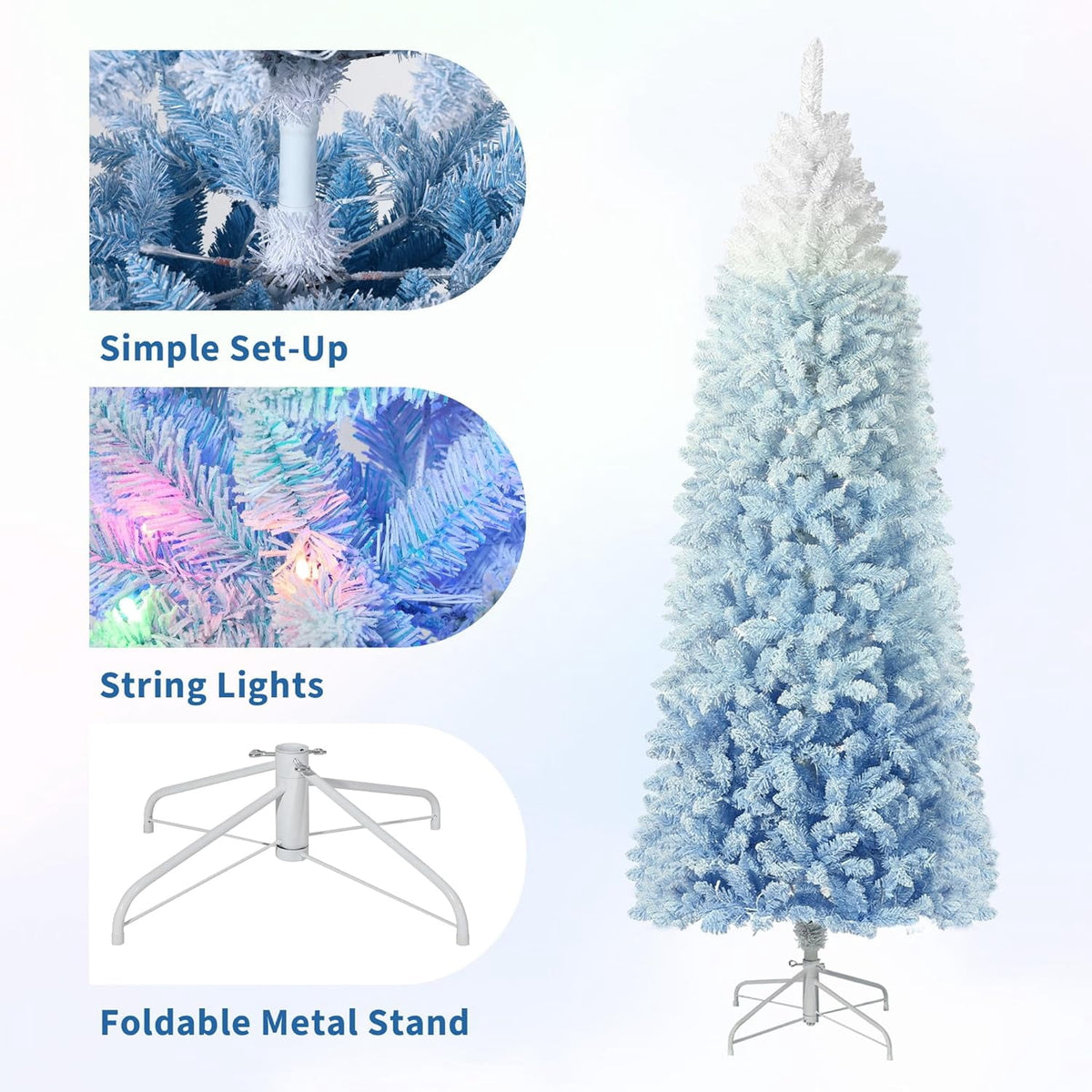 6ft Blue Gradient Snow Flocked Pencil Christmas Tree, Slim Artificial Holiday Decor with Sturdy Metal Stand, Flame-Retardant PVC, for Home, Party