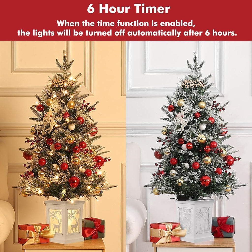 4ft Pre-Lit Artificial Christmas Tree with Large Box Base, 200 LED Lights, 4 Red Berries, Full Snow Branch Tips, Small Snowy Christmas Tree for Home, Office