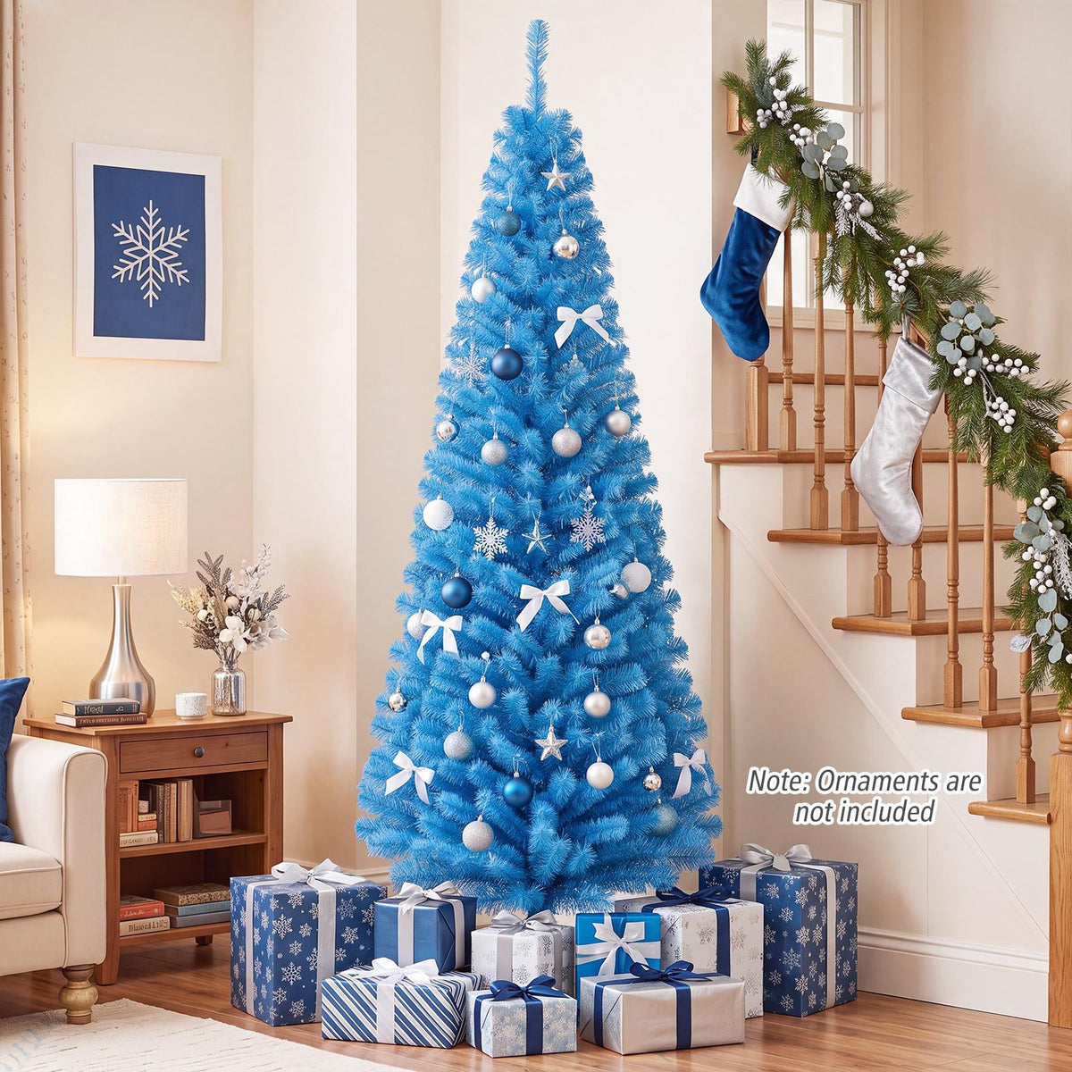 Costway 6FT Unlit Pencil Slim Tree Artificial Christmas Tree Metal Blue