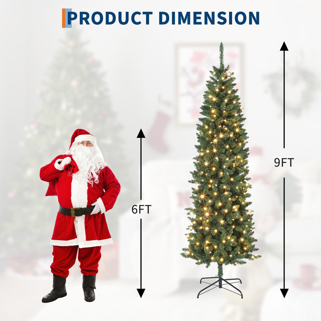 Towallmark 9FT Pre-Lit Artificial Pencil Christmas Tree with 380 Color Changing LED Lights,1153 Branch Tips