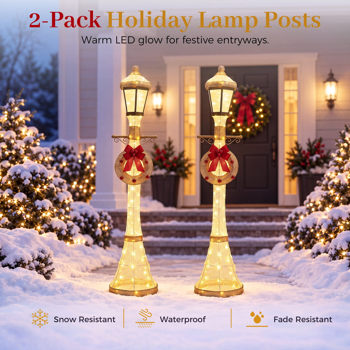 FOOWIN 6FT Christmas Lamppost Set of 2, Outdoor Christmas Lamp Post Decoration with 120 LED Lights, Holiday Porch Lamp Post Decor, Gold
