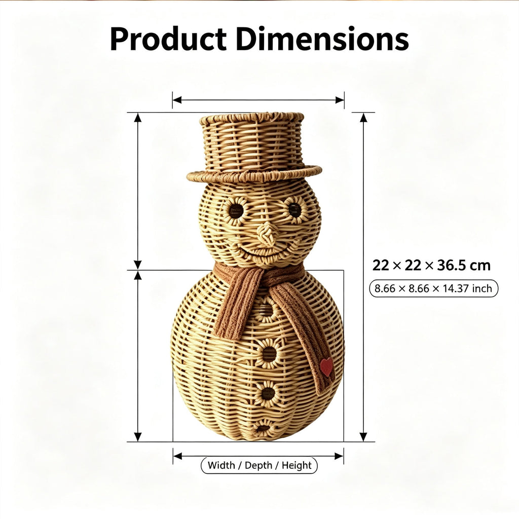 FeiBiQiuBi 14.9" Resin Rattan Style Snowman, Rustic Snowman Decorations with Bow, Woven Natural Style Freestanding Design Winter Farmhouse Decor for Home Kitchen Garden, Holiday Table Mantel Decor