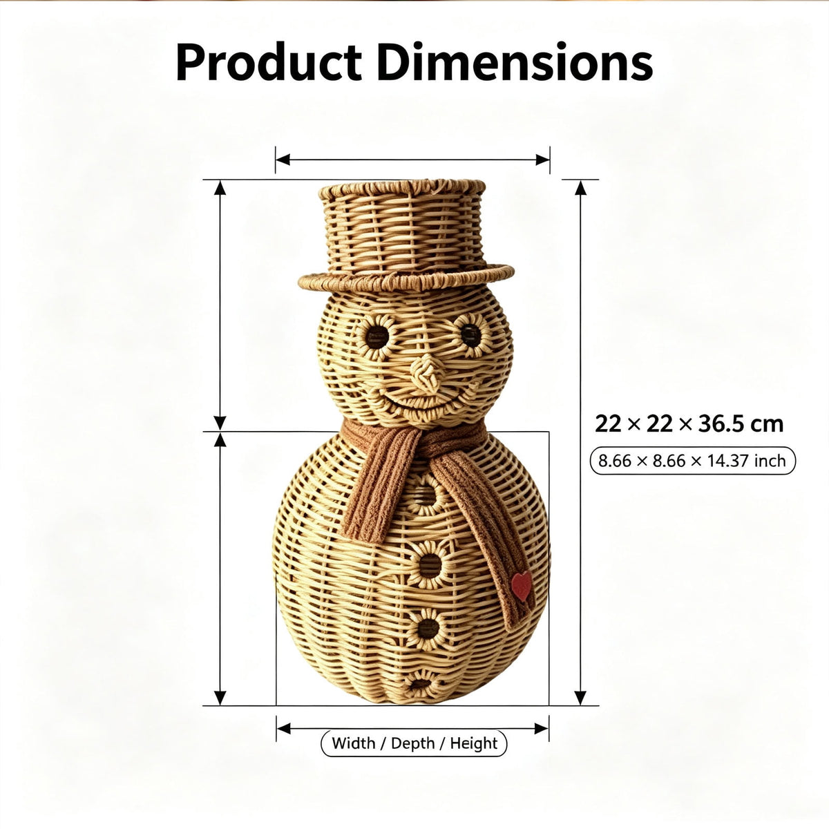 FeiBiQiuBi 14.9" Resin Rattan Style Snowman, Rustic Snowman Decorations with Bow, Woven Natural Style Freestanding Design Winter Farmhouse Decor for Home Kitchen Garden, Holiday Table Mantel Decor