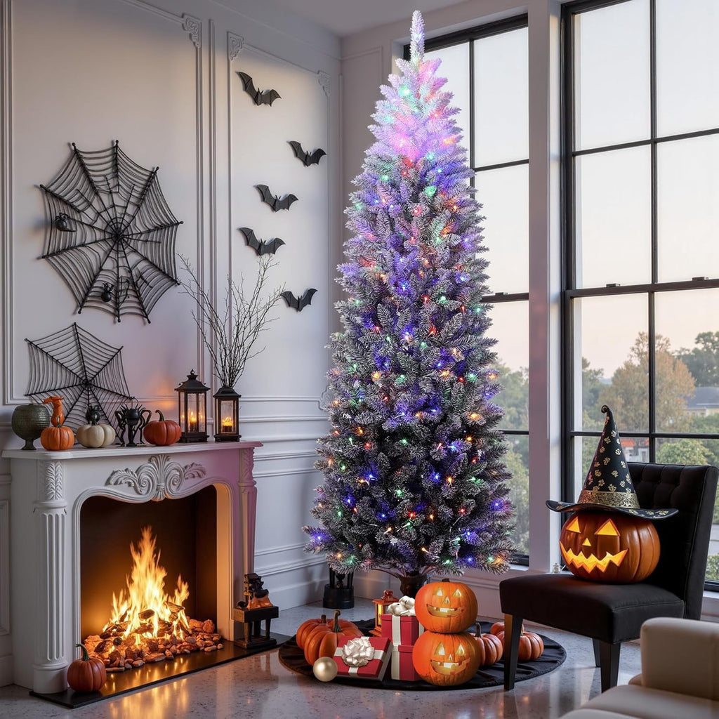 4.5/6/7.5/9 ft Flocked Pencil Christmas Tree with 100 Lights, Pre Lit Tall Skinny Christmas Tree with PVC Branch Tips, Premium Hinged Xmas Tree with Metal Base, Slim Artificial Christmas Tree