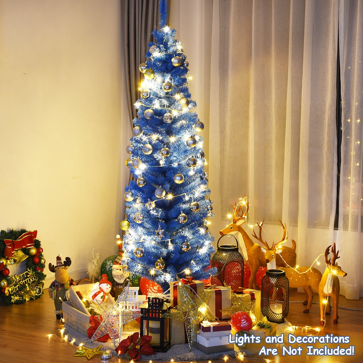 Gymax 6ft Pencil Artificial Christmas Tree Electroplate Pencil Tree (Blue)