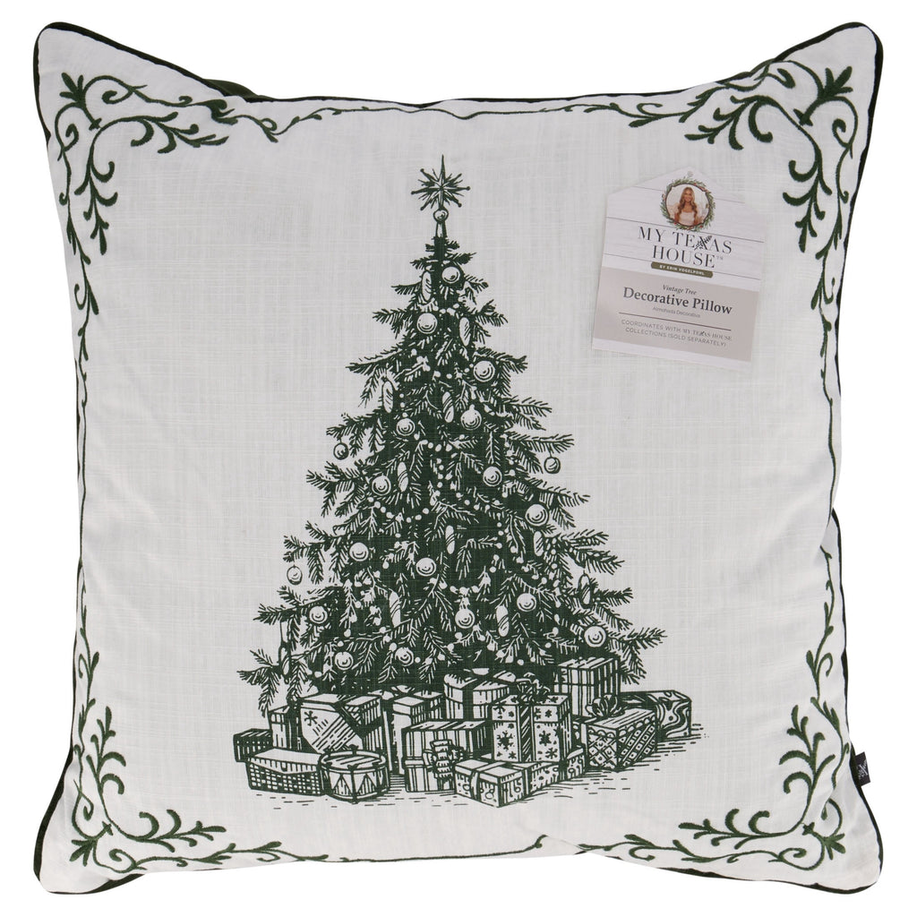 My Texas House Vintage Christmas Tree Decorative Pillow, Green and White, 20" x 20"