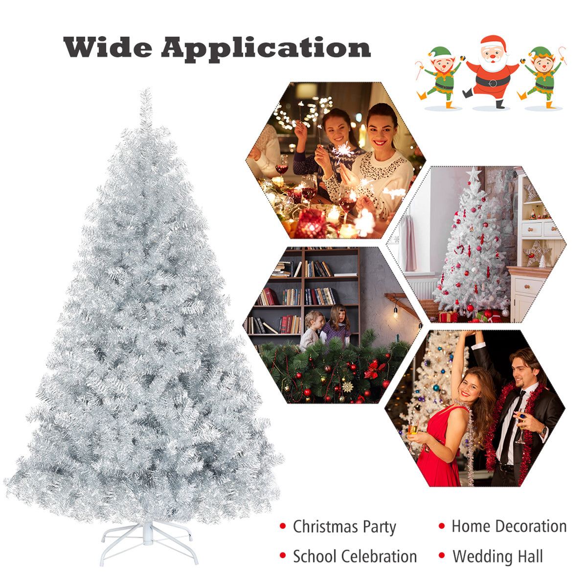 Gymax 6 FT Silver Tinsel Christmas Tree Artificial Hinged Tree Holiday Decoration