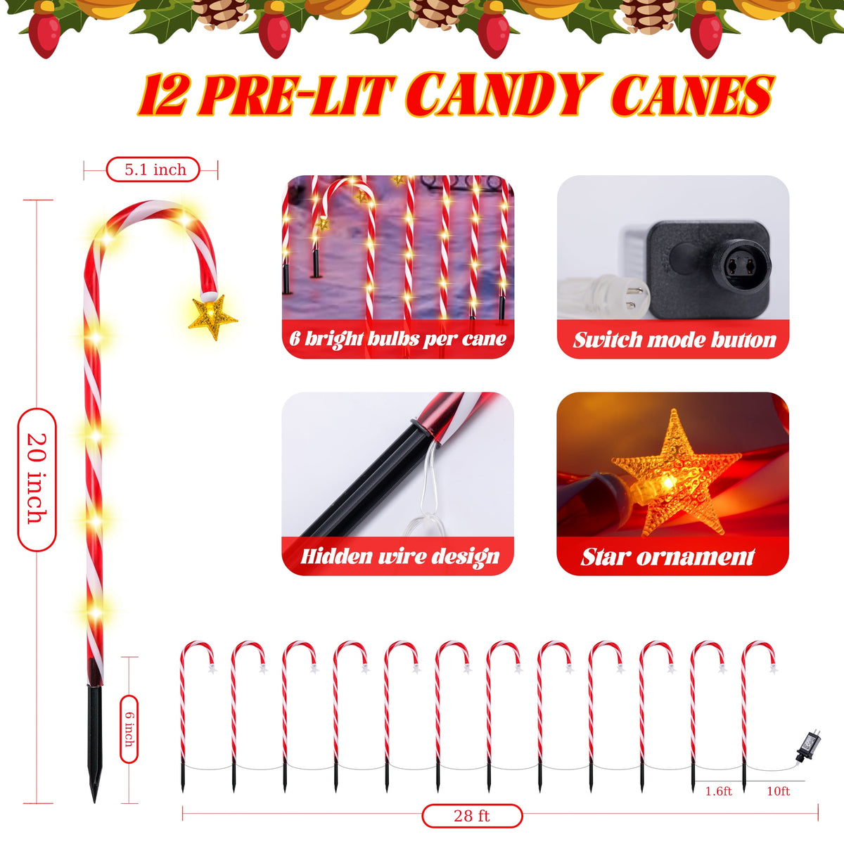 25’’ Christmas Candy Cane Lights, 72 LED Pathway Markers Lights for Christmas Outdoor Decorations, 12 Pack