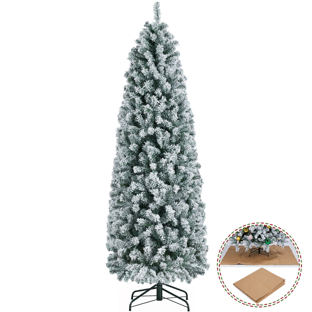 Renwick 6 Ft Snow Frosted Artificial Christmas Tree Holiday Decorative Tree with Pencil Shape Metal Stand, Green