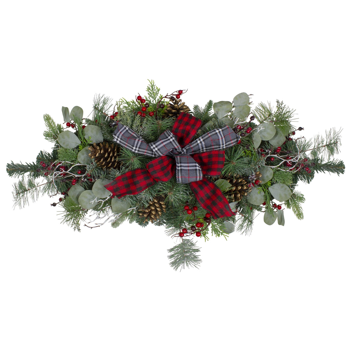 Northlight 336" Buffalo Plaid Christmas Swag with Red Berries, Pine Cones and Flocked Branches –