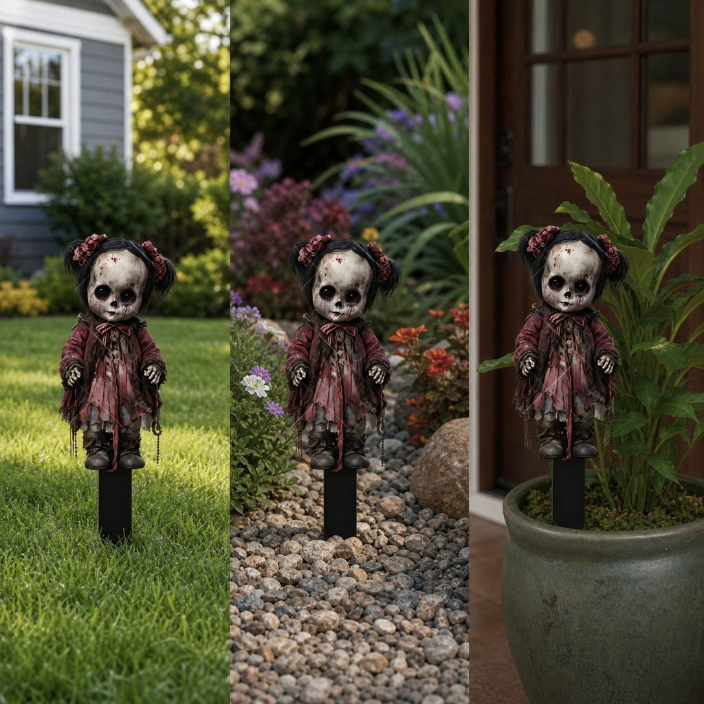 erdimoy 7.87in Tall Creepy Vintage Horror Doll Yard Stakes, 2D Waterproof Acrylic Spooky Ghost Doll Lawn Plug-In Ornaments, Scary Graveyard Garden Pathway Decor for Halloween Outdoor