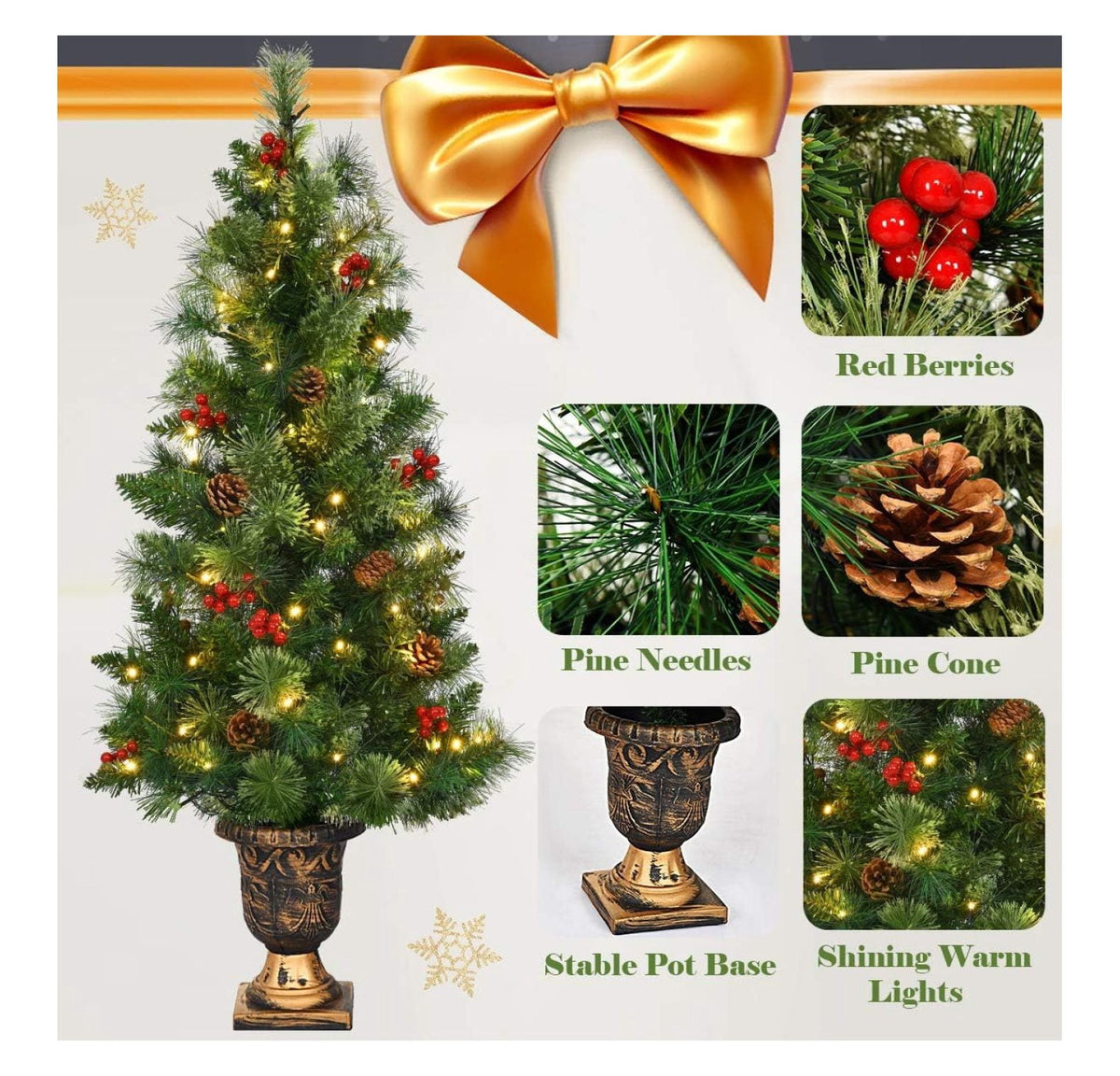 Ranyuaxu 3ft Prelit Pathway Christmas Tree with 40 LED Lights, Artificial Christmas Tree with Metal Stand, 100 Branch Tips, Pine Cones and Red Berries, Entrance Tree for Indoor and Outdoor Decoration