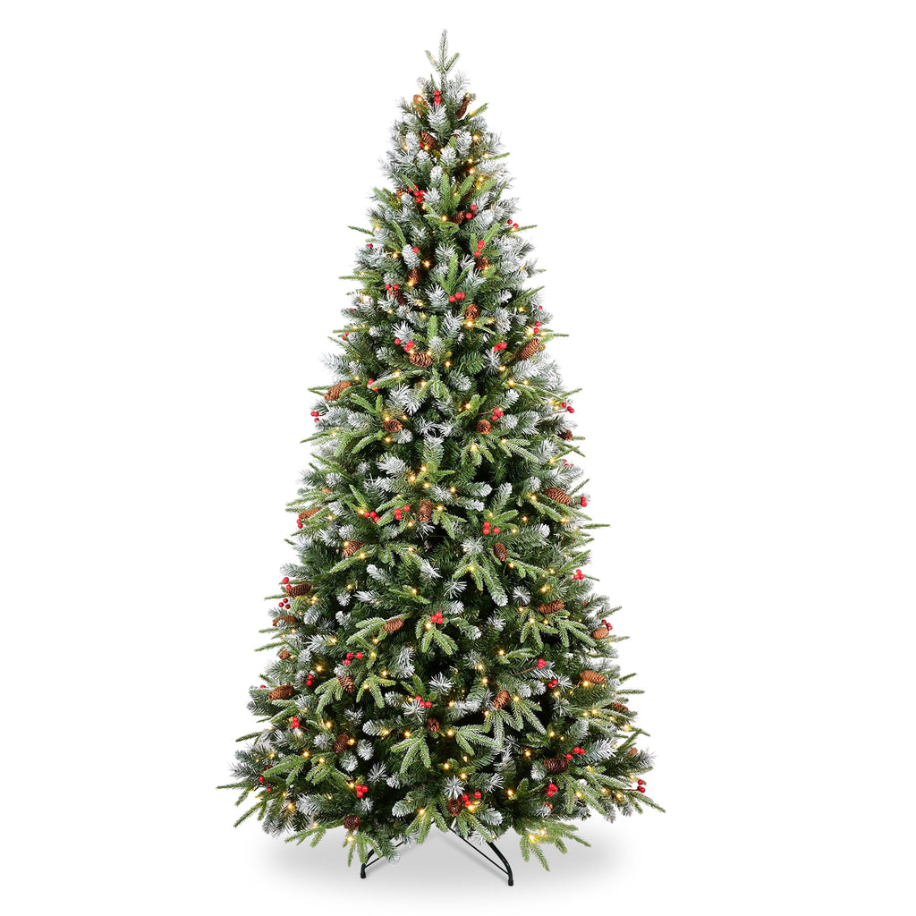 Maylaviu 7ft Lighted Artificial Christmas Tree with 2178 Premium PE/PVC Branches, 450 Lights, Pine Cones, Red Berries, Foldable Metal Base, Green