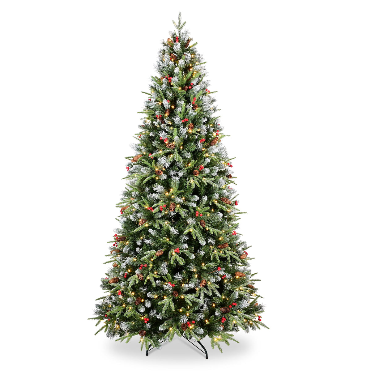 Maylaviu 7ft Lighted Artificial Christmas Tree with 2178 Premium PE/PVC Branches, 450 Lights, Pine Cones, Red Berries, Foldable Metal Base, Green