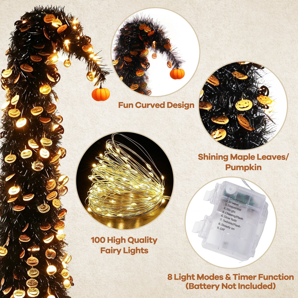 6FT Slim Pop Up Halloween Thanksgiving Tree with Fairy Lights Harvest Tree with Maple Leaves Pumpkins Foldable Collapsible Pencil Fall Tree for Outdoor Porch Patio Deck Living Room Decor