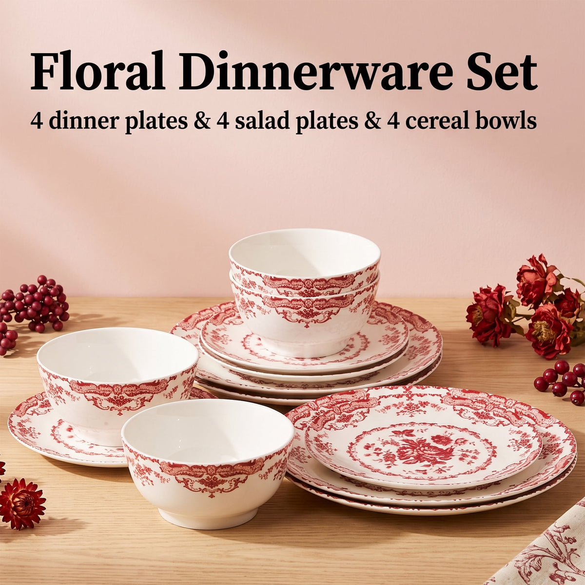 Onader 12 Piece Tableware Set, Rose Floral Dinnerware Set for 4, Ceramic Plates and Bowls Sets for Home Kitchen Restaurant, Scratch Resistant & Microwave Safe, Red
