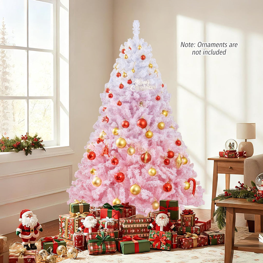 Costway 6 FT Artificial Christmas Tree with 250 Warm White LED Lights, 8 Lighting Modes & Folding Metal Stand White & Pink