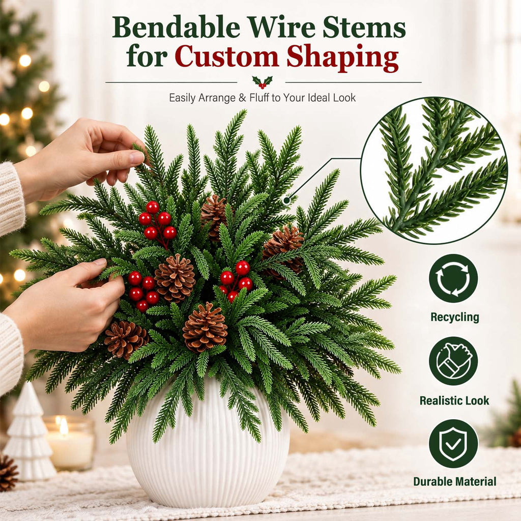 Ayieyill 39 Pack Artificial Pine Branches, 13.5 Inch Christmas Greenery Stems with Red & White Berries for Vase DIY Christmas Decorations Indoor