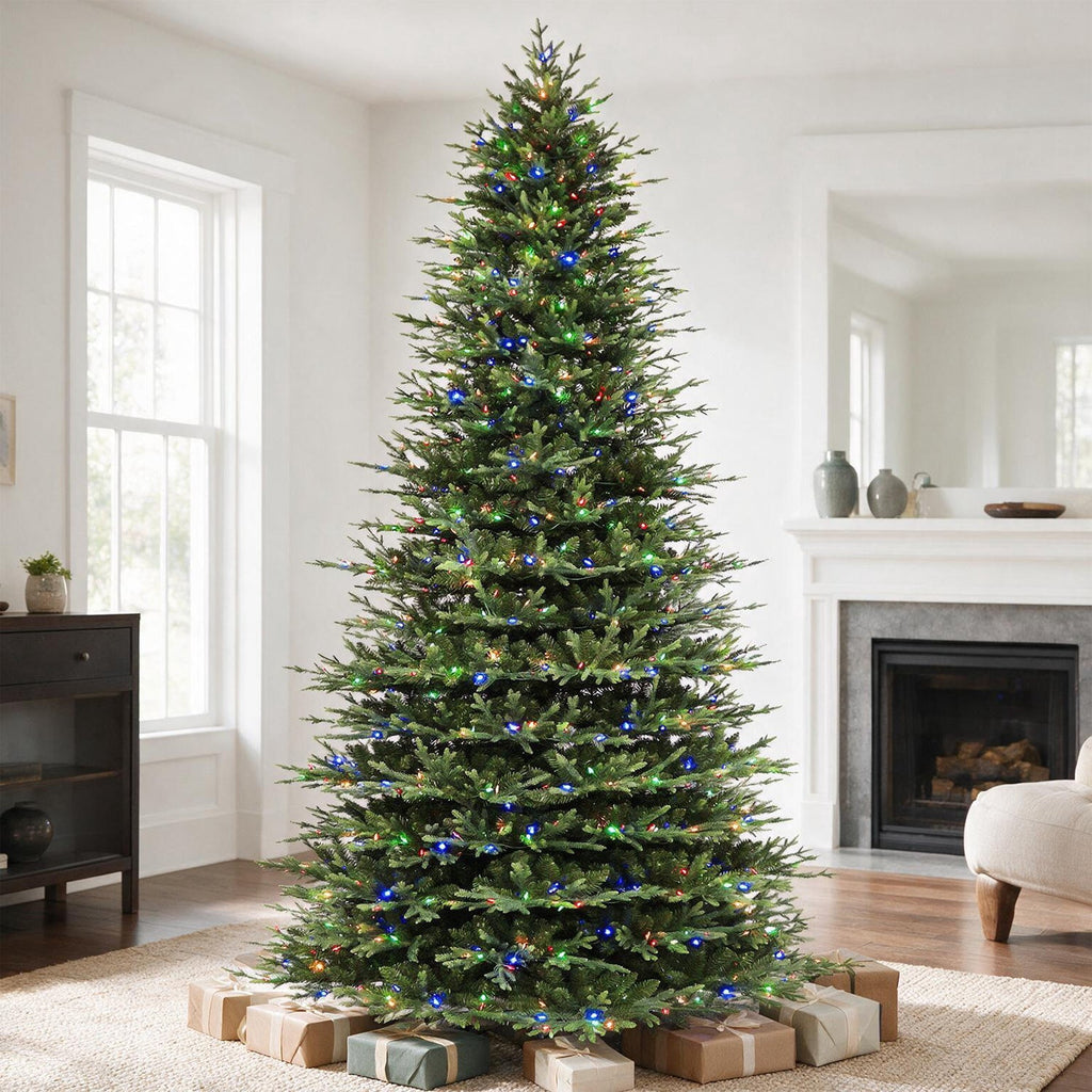 VIVATREES 7.5ft Pre-lit Artificial Christmas Tree Frasier Fir w/ 3325 PVC PE Hinged Branch Tips 450 Multi Color LED Lights Foldable Base