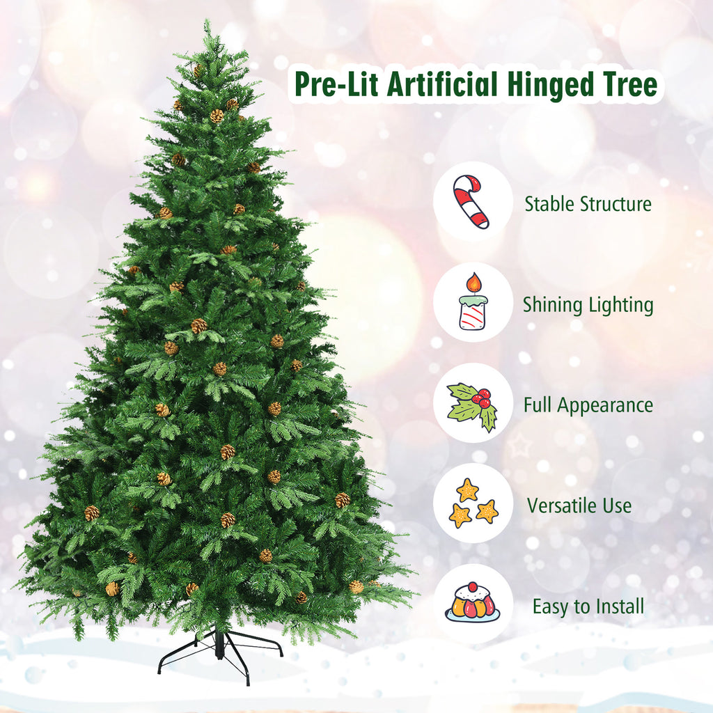 Topbuy 8'PE/PVC Artificial Pine Tree Pre-Lit Christmas Tree w/ 600 LED Lights & Pine Cones